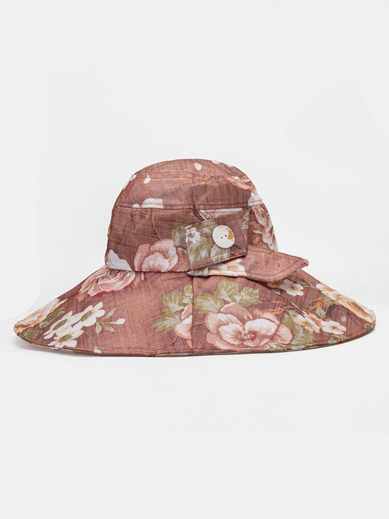 Dámské Dacron Overlay Calico Print Button Dekorace Velký Okraj Prodyšná Sluneční Clona Skládací Kbelík Klobouk