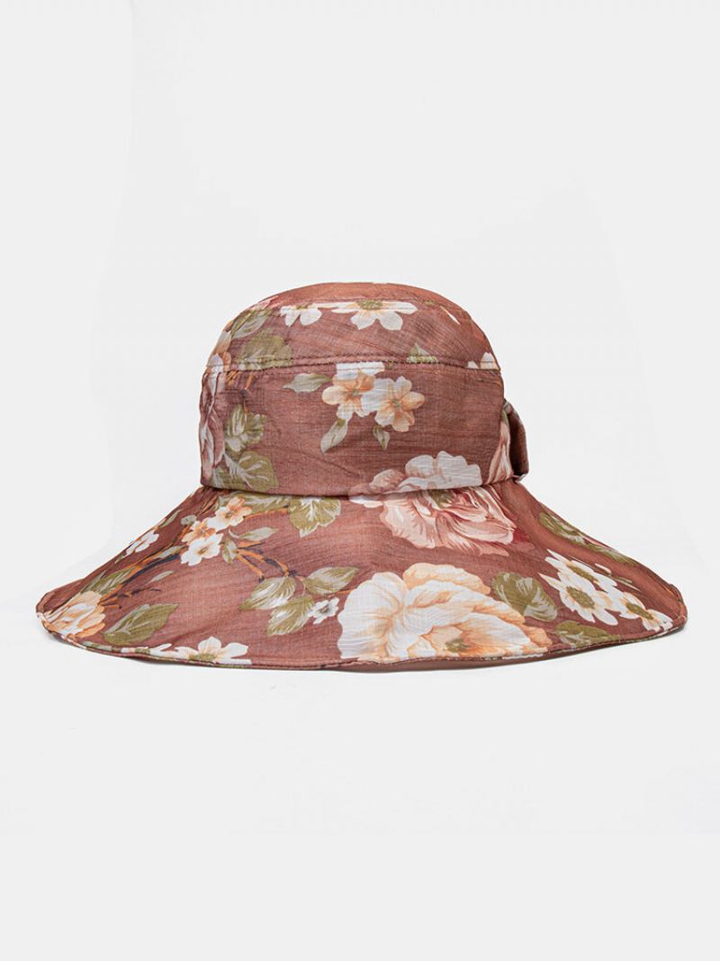 Dámské Dacron Overlay Calico Print Button Dekorace Velký Okraj Prodyšná Sluneční Clona Skládací Kbelík Klobouk