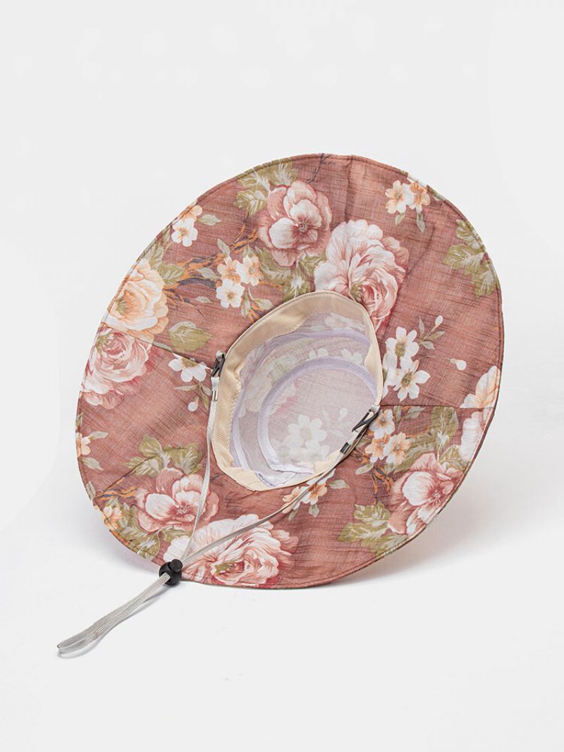 Dámské Dacron Overlay Calico Print Button Dekorace Velký Okraj Prodyšná Sluneční Clona Skládací Kbelík Klobouk