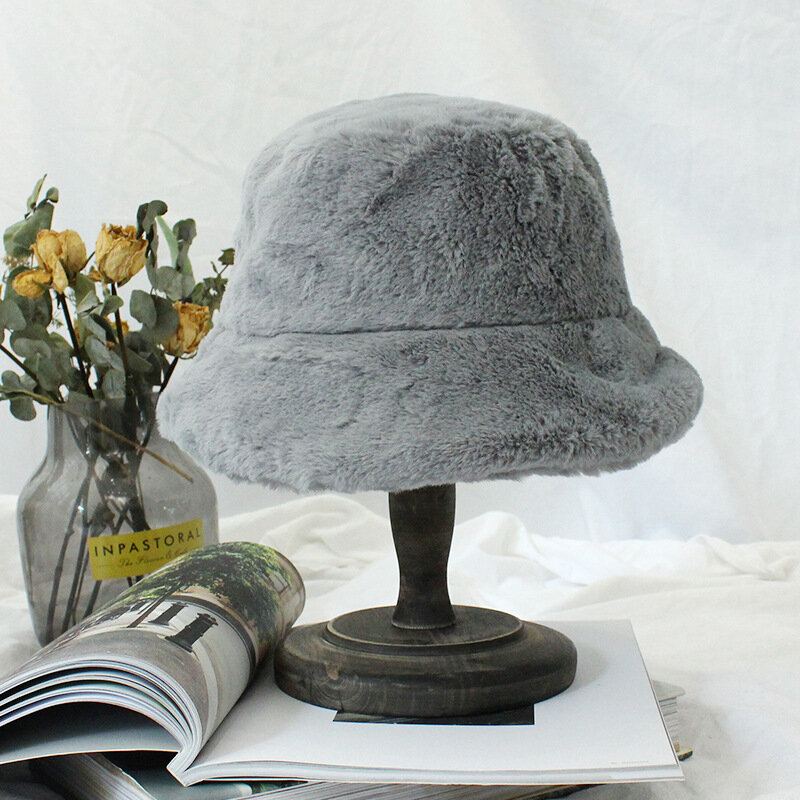 Kožešina Tlustý Teplý Zimní Bucket Čepice Ženy Jednobarevné Dívky Flat Top Velvet Fedoras Dámské Plyšové Bob