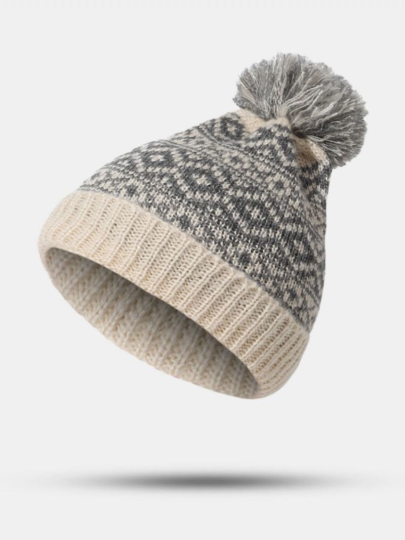 Unisex Bavlněná Nit Pletená Zahuštěná Argyle Jacquard Kožešinová Koule Dekorace Hřejivost Čepice Beanie Bez Okraje
