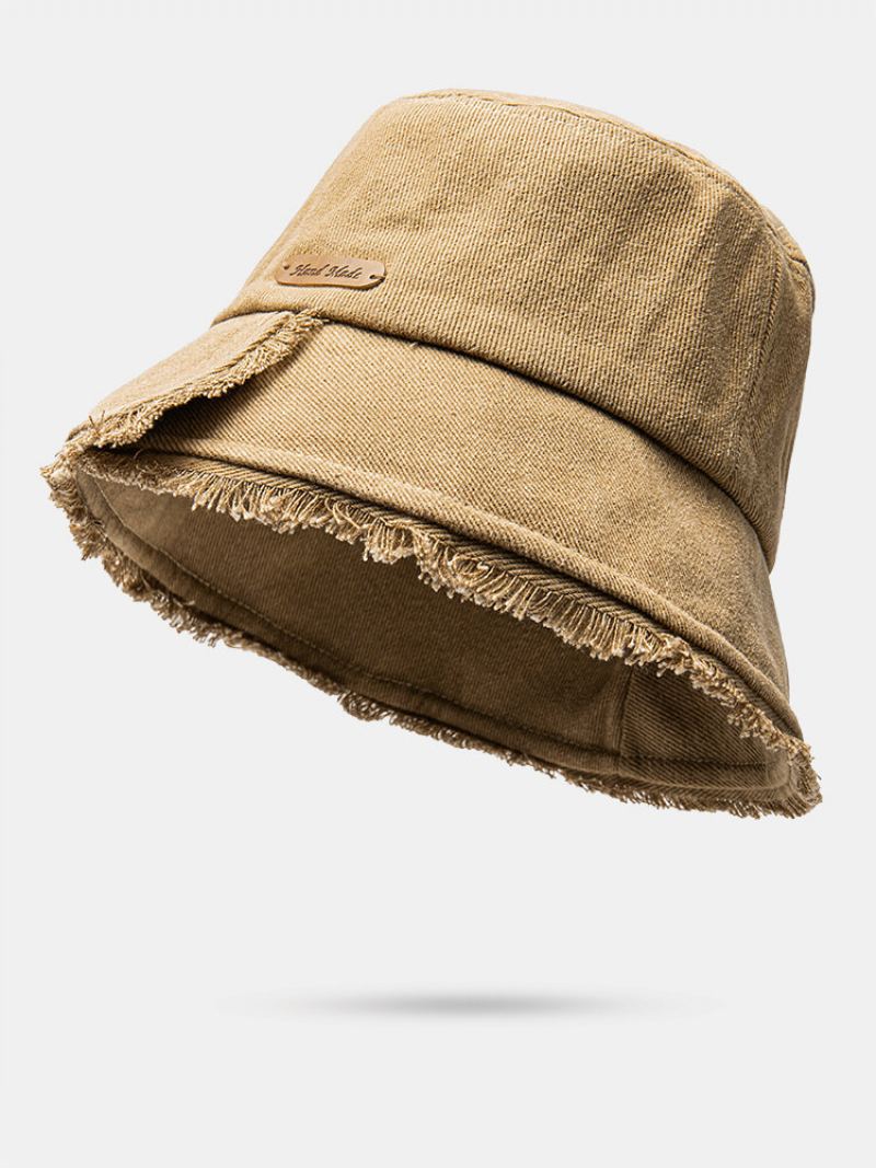 Unisex Washed Dacron Jednobarevné Písmeno Pu Štítek Drsné Hrany Univerzální Sunshade Bucket Hat