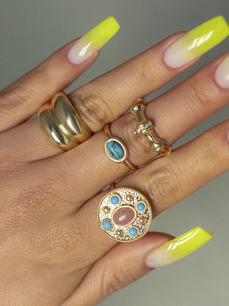 4 Ks/sada Trendy Luxusní Vykládané Drahokamy Tyrkysové Prsteny Ze Slitiny Geometrického Tvaru