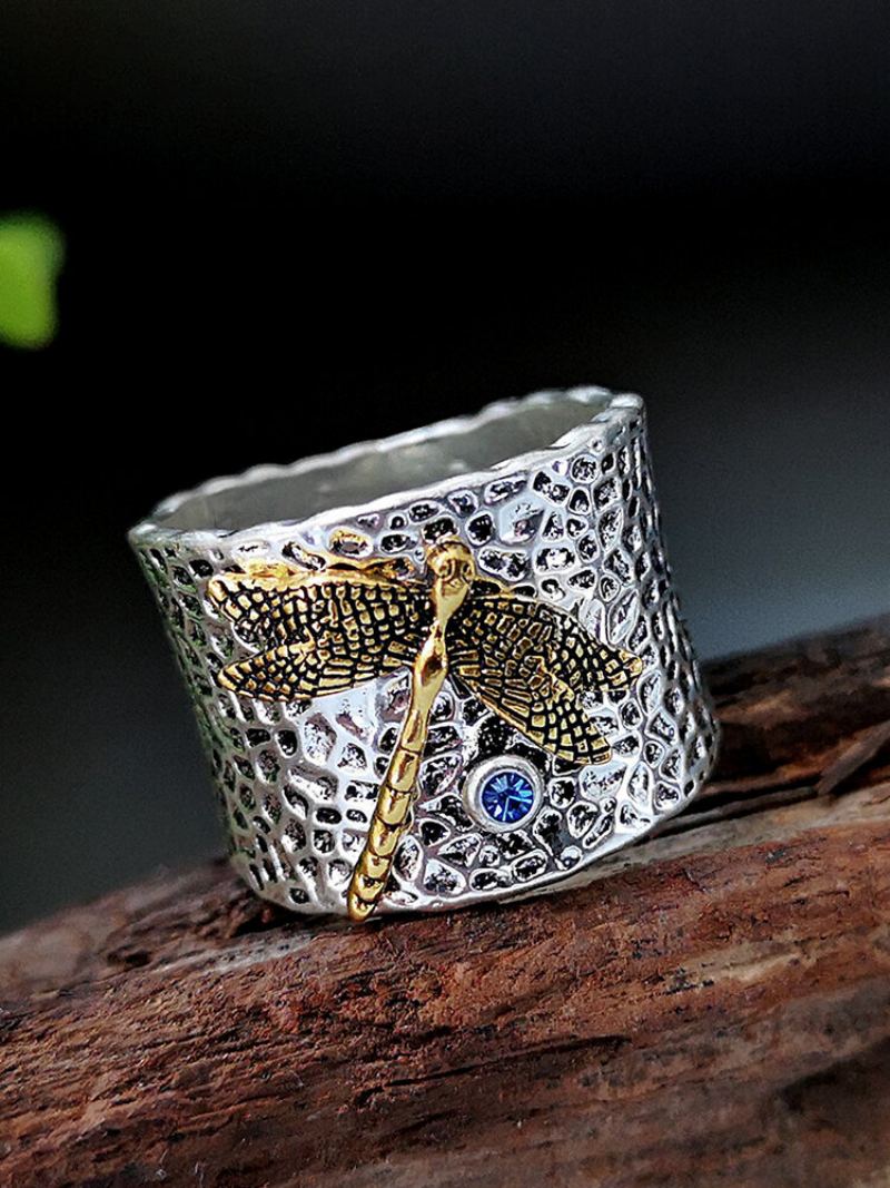 Vintage 925 Thajský Stříbrný Prsten Dragonfly Vykládaný Diamantový Dámský