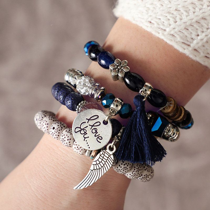 Bohemian Multi Layer Beaded Bracelet African Tassels Náramek Bodhi Leaf Pro Ženy