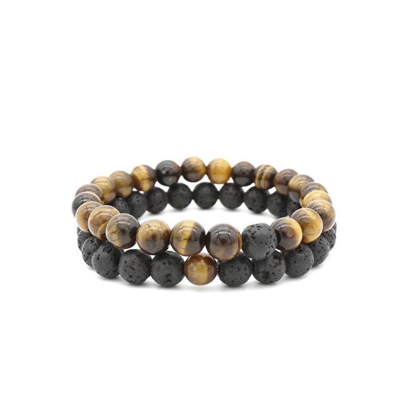 Minimalistický Oblek Z Přírodního Kamene Tiger Eye 8mm Korálkový Řetízkový 2ks Průsvitný Set Náramků Z Lávových Korálků Pro Muže Dámy Ženy