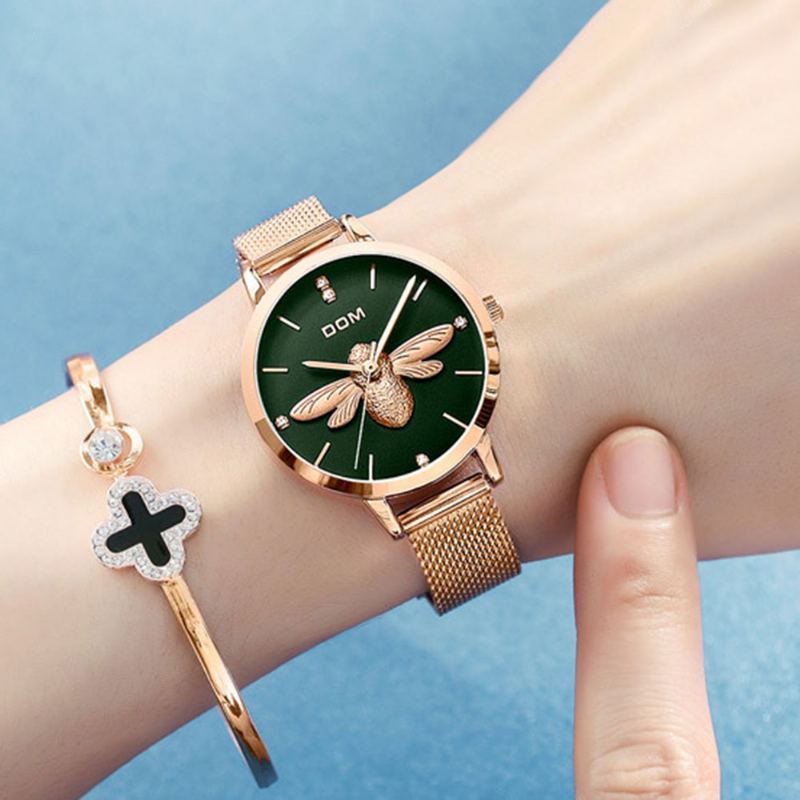 Efektní Elegantní Vodotěsné Dámské Náramkové Hodinky Quartz S 3d Dekorací Včely Stylový Dámský Náramek S Pleteným Řemínkem