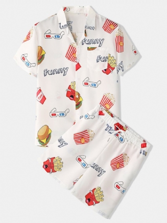 Muži Funny Print Hamburger Loungewear Sety Dvoudílné Klopové Límce Krátký Rukáv Tenké Letní Pyžamo
