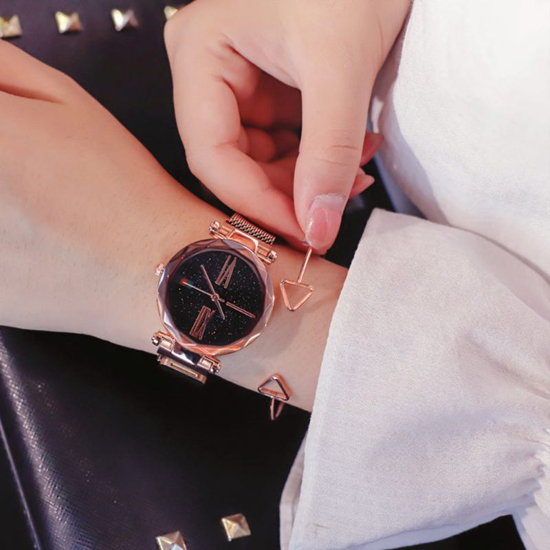 Starry Quartz Hodinky Pro Ženy Skleněný Ciferník Magnetický Design Quartzový Strojek Spirálová Dekorace Pevné A Odolné