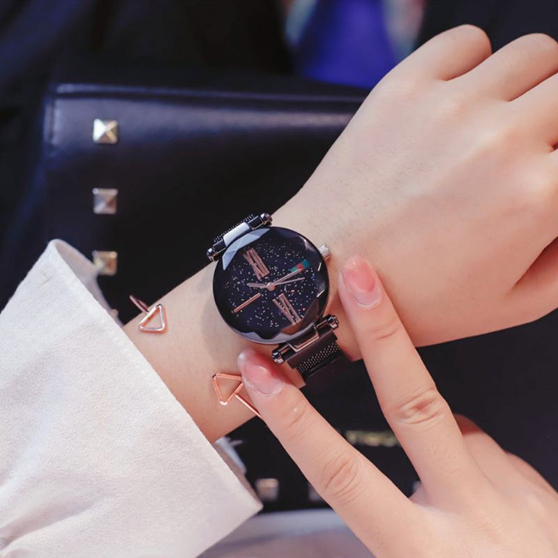 Starry Quartz Hodinky Pro Ženy Skleněný Ciferník Magnetický Design Quartzový Strojek Spirálová Dekorace Pevné A Odolné