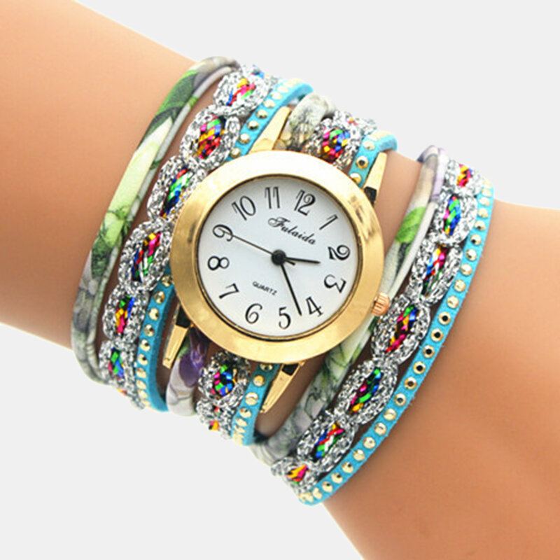 Vintage Barevné Vícevrstvé Hodinky Kovové Drahokamy Pu Quartz