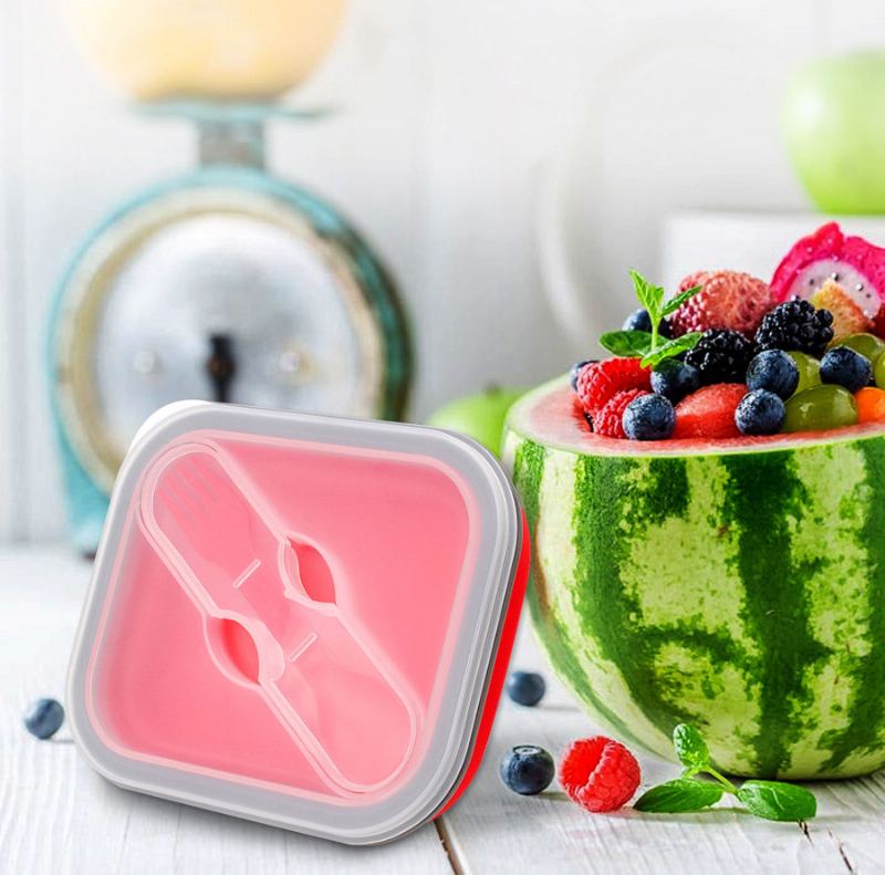 Skládací Silikonová Krabička Na Oběd Bpa Free Dóza Na Jídlo Bento S Nádobím