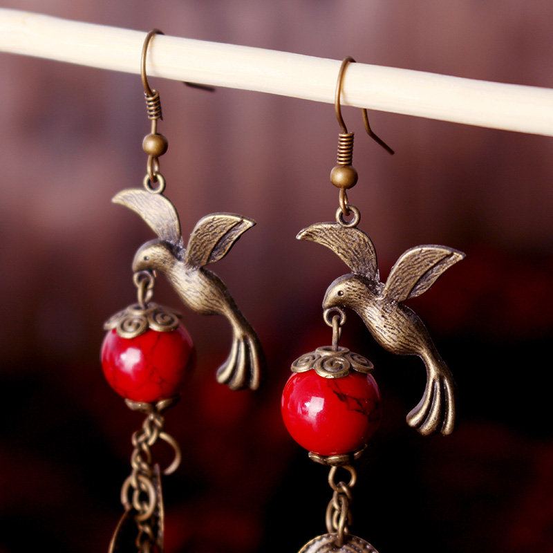 Etnické Vintage Bronz Straka Bird Červené Tyrkysové Dámské Náušnice Šperky