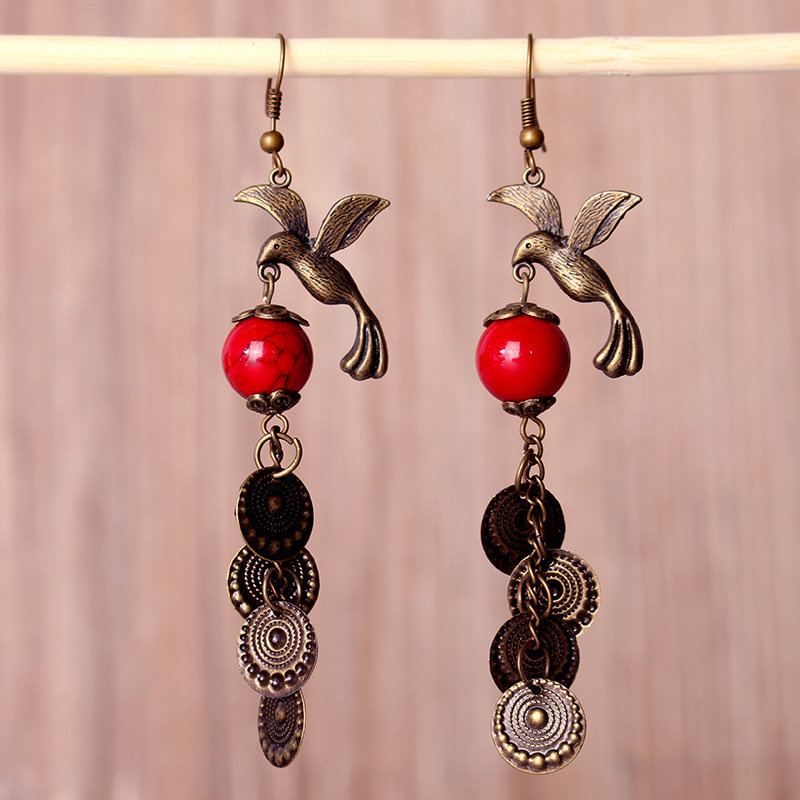 Etnické Vintage Bronz Straka Bird Červené Tyrkysové Dámské Náušnice Šperky