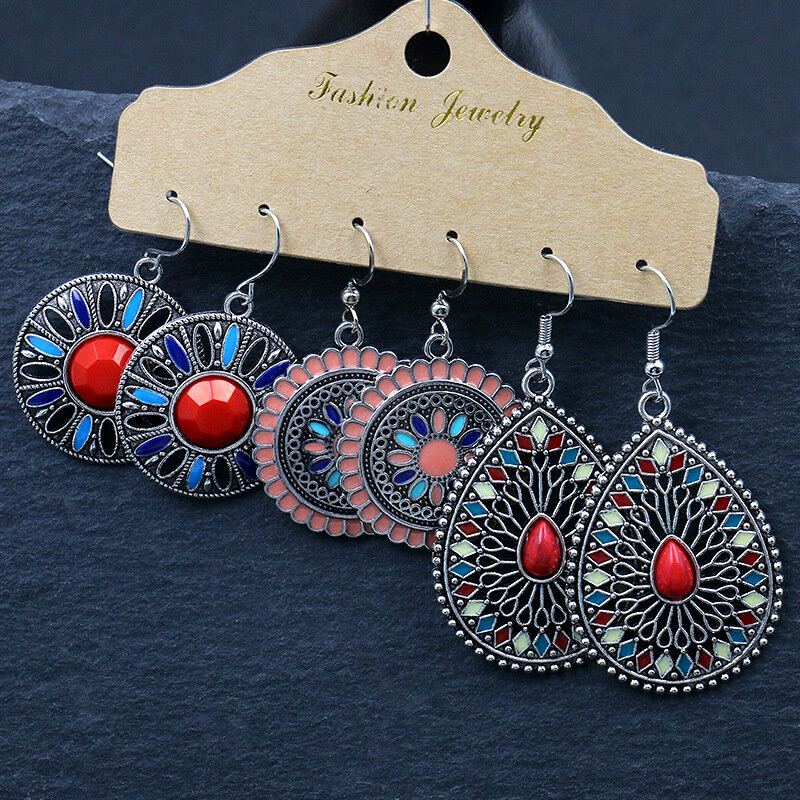 Vintage Duté Náušnice S Přívěskem Slunečnice Sada Bohemian Geometric Kulaté S Kapkou Vody