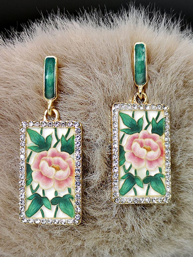 Vintage Rectangle Diamond Dámské Náušnice Růžový Tisk Smaltovaný Přívěsek Šperky Dárek