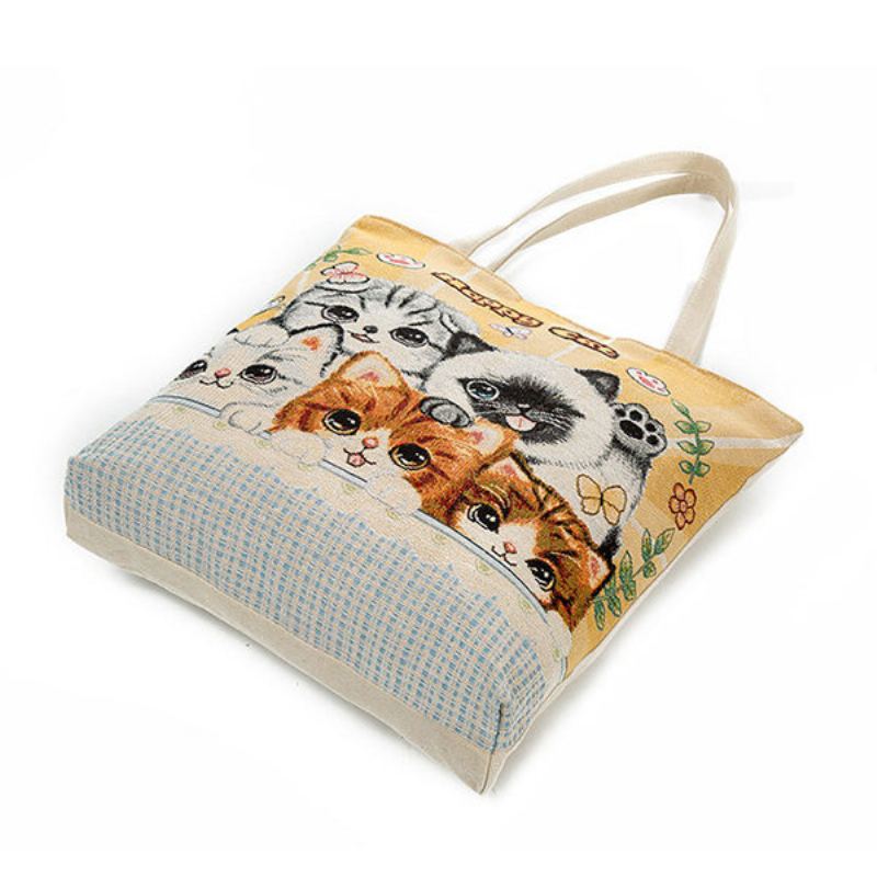 Canvas Cute Cat Pattern Tote Kabelka Přes Rameno Pro Ženy