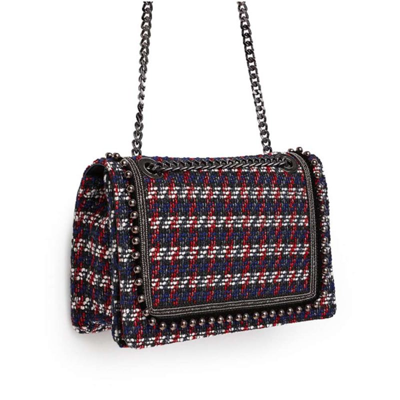 Dámská Prošívaná Kabelka Cross Body Do Ruky Módní Kostkované Pu Kožené Korálky Dekorace Přes Rameno