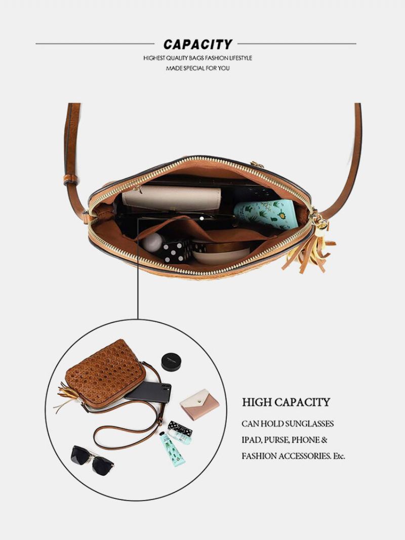 Dámská Umělá Kůže Vintage Tessel Velkokapacitní Crossbody Kabelka Módní Tkaná Taška