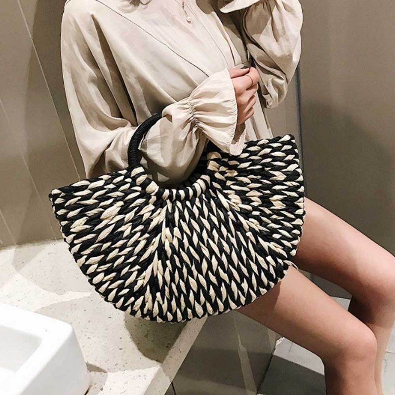 Efektní Elegantní Dámská Kabelka Ze Slámy V Kontrastní Barvě Minimalist Arch Vacation Beach Hand Bag Pro Ženy
