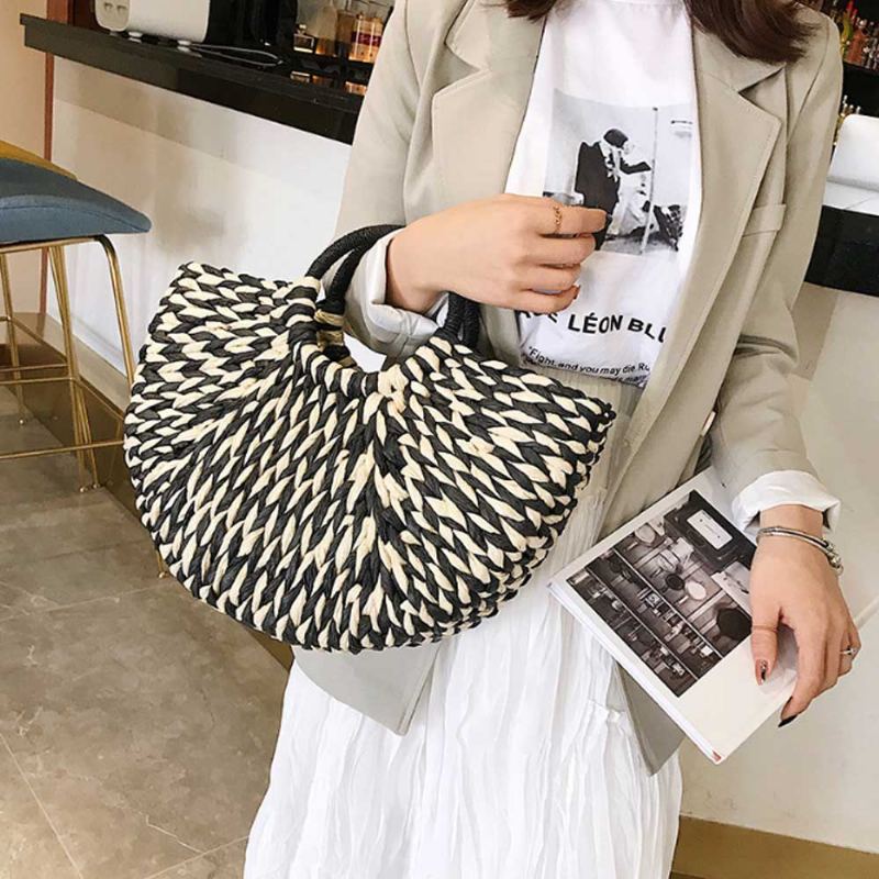 Efektní Elegantní Dámská Kabelka Ze Slámy V Kontrastní Barvě Minimalist Arch Vacation Beach Hand Bag Pro Ženy