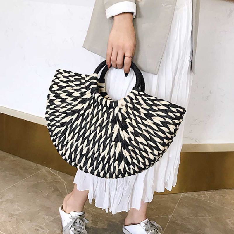 Efektní Elegantní Dámská Kabelka Ze Slámy V Kontrastní Barvě Minimalist Arch Vacation Beach Hand Bag Pro Ženy