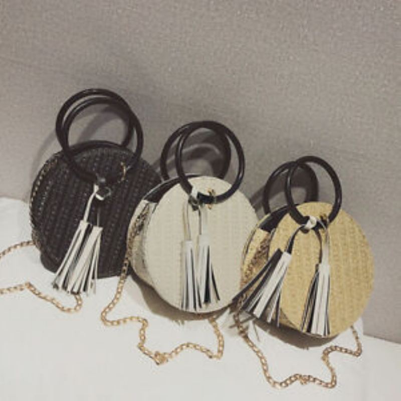 Kulatý Kruhový Ratanový Proutěný Slámový Tkaný Střapec Crossbody Plážový Košík Jako Dárek