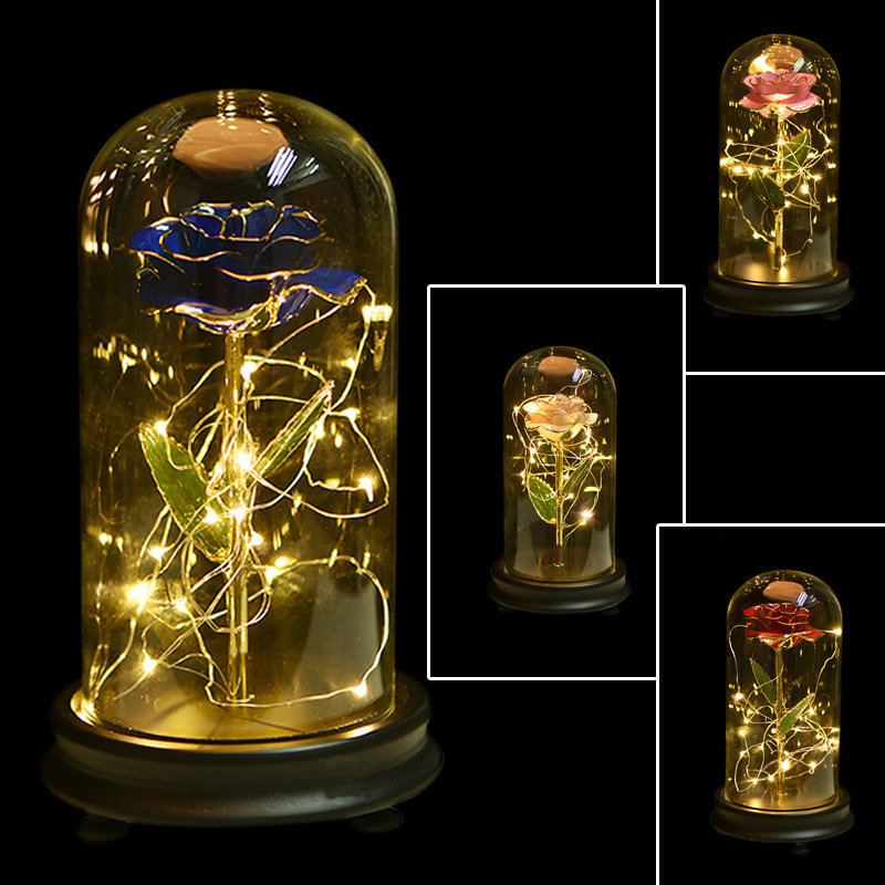 24k Zlatá Růže S Led Světlem Umělé Dekorace Dome Wood Base Valentýnské Dárky