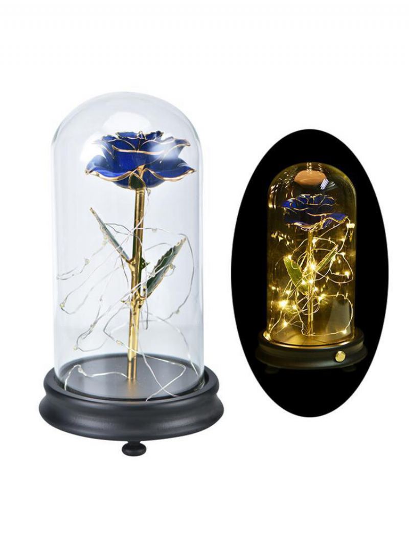 24k Zlatá Růže S Led Světlem Umělé Dekorace Dome Wood Base Valentýnské Dárky