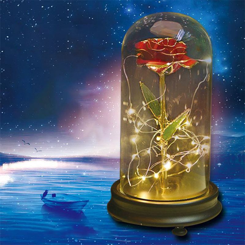 24k Zlatá Růže S Led Světlem Umělé Dekorace Dome Wood Base Valentýnské Dárky
