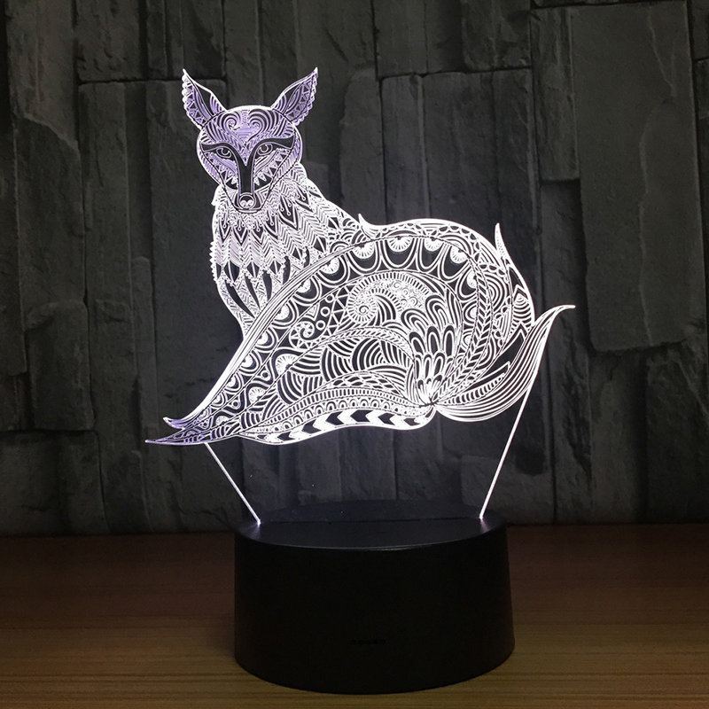 3d Fox Noční Světlo Stolní Lampy S Optickým Klamem 7 Světel Měnících Barvu Led Lampa
