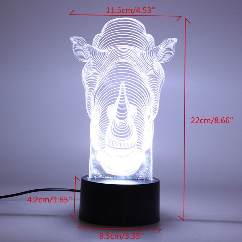 Animals Rhino 3d Led Illusion Night Light 7 Změna Barvy Dotykový Spínač Stolní Lampa Domácí Kancelář