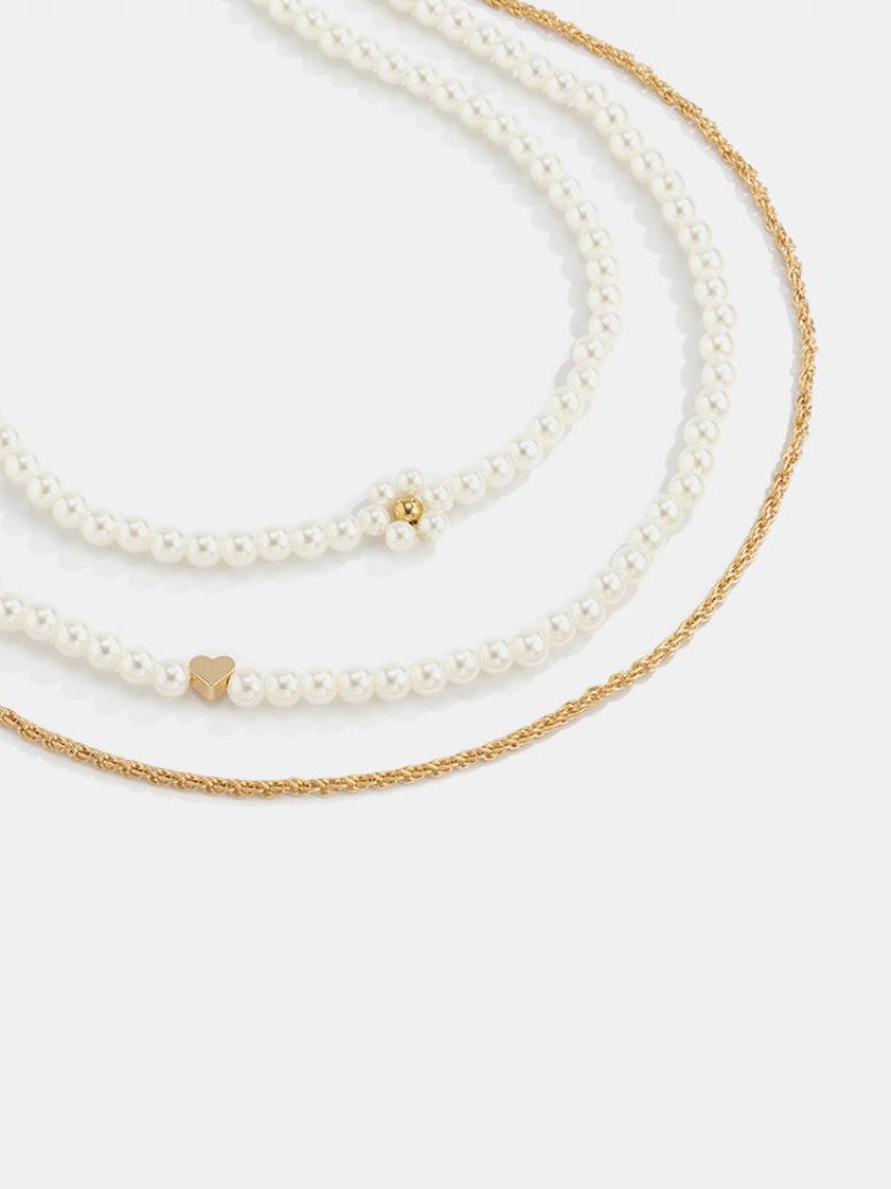 3 Ks Vintage Daisy Pearl Beaded Twist Řetízek Měděný Ccb Náhrdelník Set