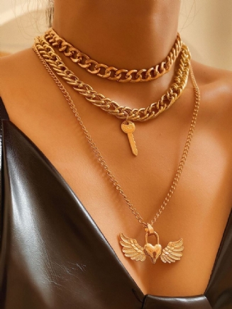 Trendy Kovový Náhrdelník S Přívěskem Broskvové Srdce Wing Key Multilayer