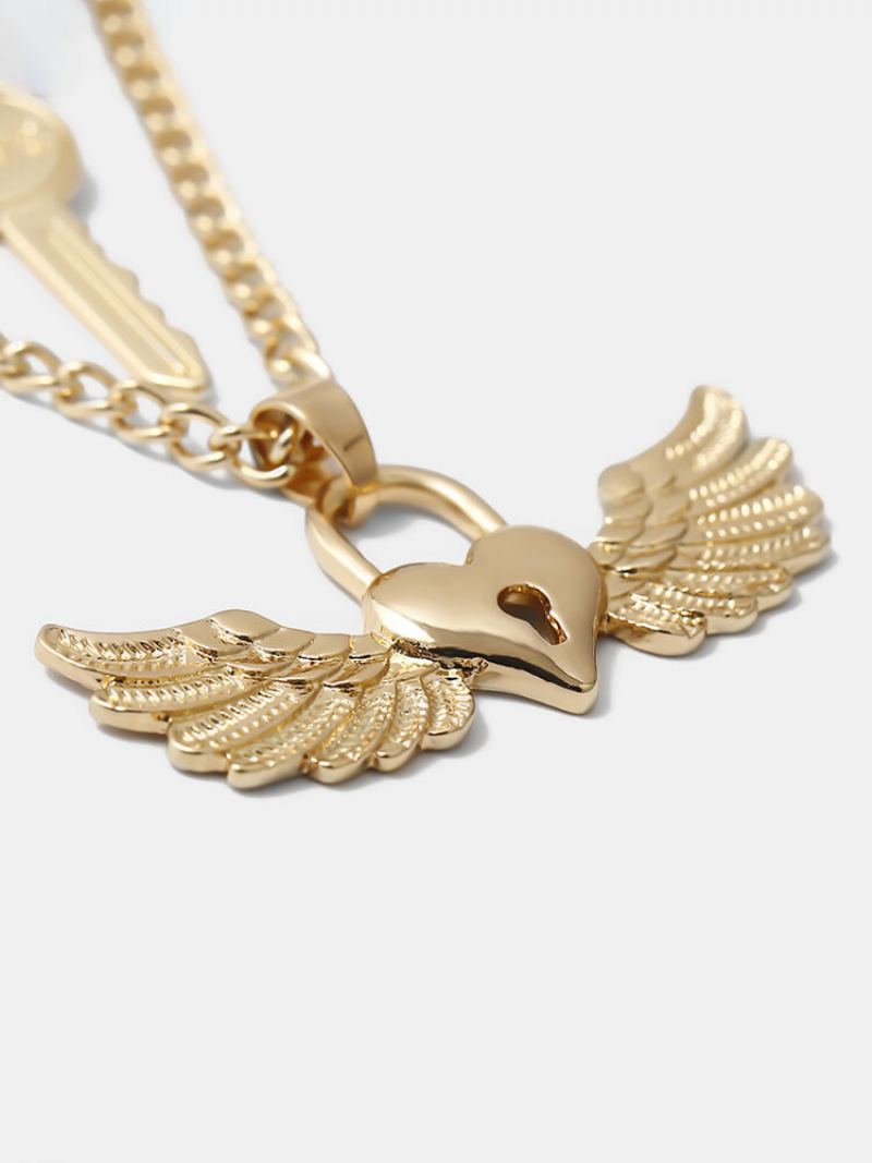 Trendy Kovový Náhrdelník S Přívěskem Broskvové Srdce Wing Key Multilayer