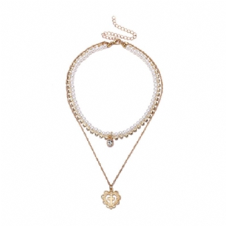 Vícevrstvý Náhrdelník Pearl Choker Blýskající Syntetický Diamantový Perlový Klíček Ve Tvaru Srdce Pro Ženu