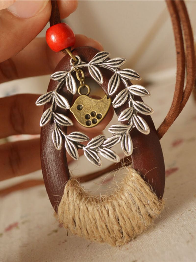 Vintage Alloy Bird Flower Náhrdelník Z Vinné Révy Ručně Tkaný Ze Dřeva