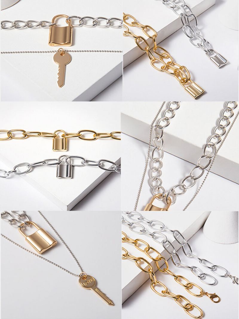 Vintage Alloy Exaggerated Thick Chain Vícevrstvý Geometrický Náhrdelník Lásky Ve Tvaru Zámku