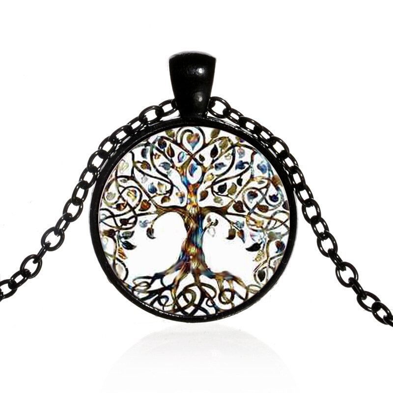 Vintage Geometrický Kulatý Náhrdelník Tree Of Life Drahokam S Kovovým Barevným Skleněným Potištěným Náhrdelníkem