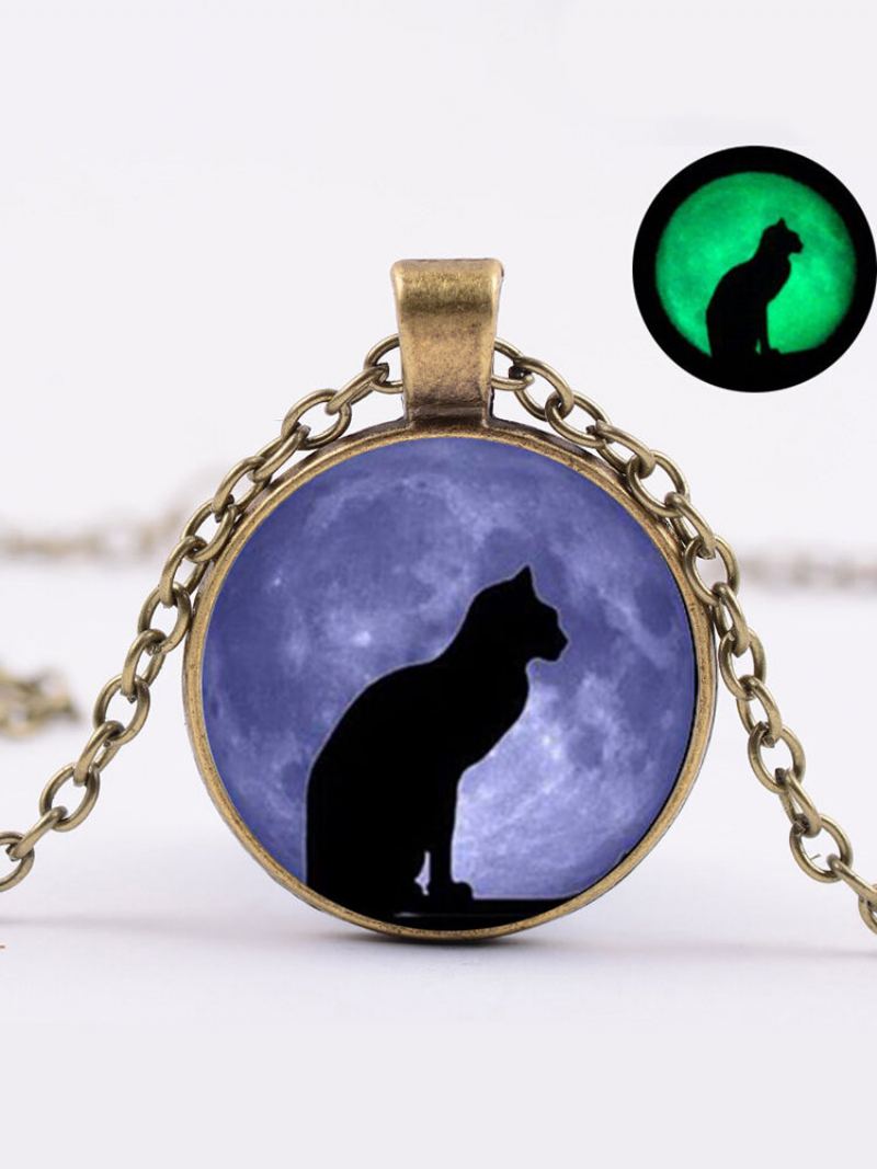 Vintage Skleněný Tištěný Dámský Náhrdelník Moon Starry Černá Kočka Svítící Přívěsek Šperky Dárek