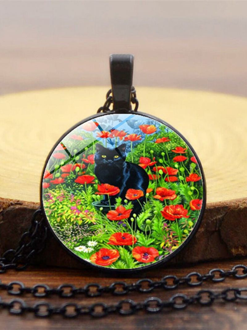 Vintage Skleněný Tištěný Dámský Náhrdelník Rose Black Cat Přívěsek Svetr Řetízek Šperky Dárek