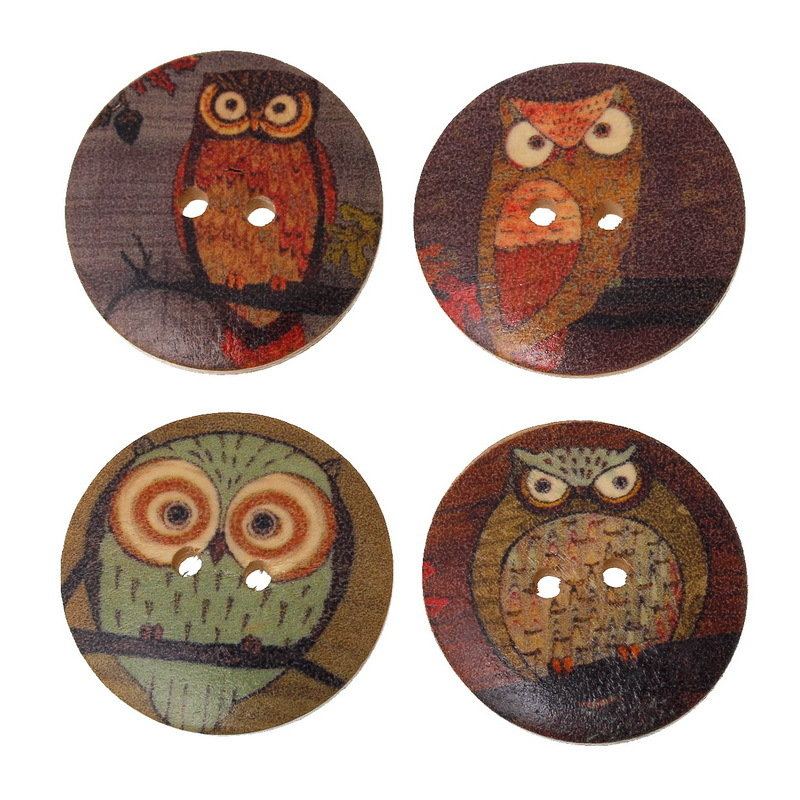 100 Ks Smíšené 2 Dírky Vzor Sovy Dřevěné Šicí Knoflíky Scrapbooking Kulaté 15 mm