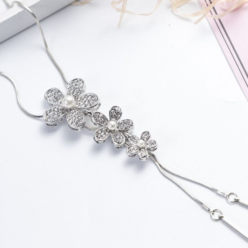 Elegantní Oslnivé Diamantové Květinové Perlové Náhrdelníky Dlouhý Svetrový Náhrdelník Se Střapcem Se Třemi Květy Pro Ženy
