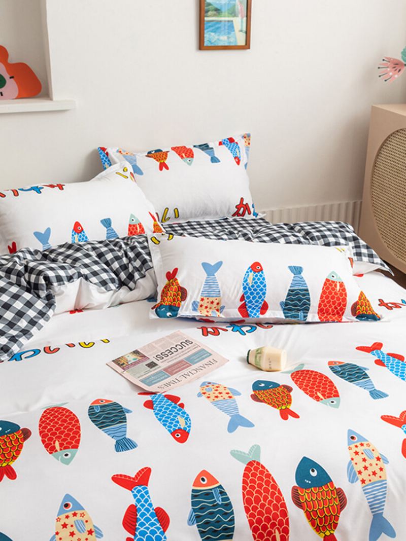 3/4 Ks Cartoon Fish And Plaid Print Ab Sidered Aloe Bavlna Pohodlné Ložní Prádlo Prostěradlo Povlak Na Polštář Na