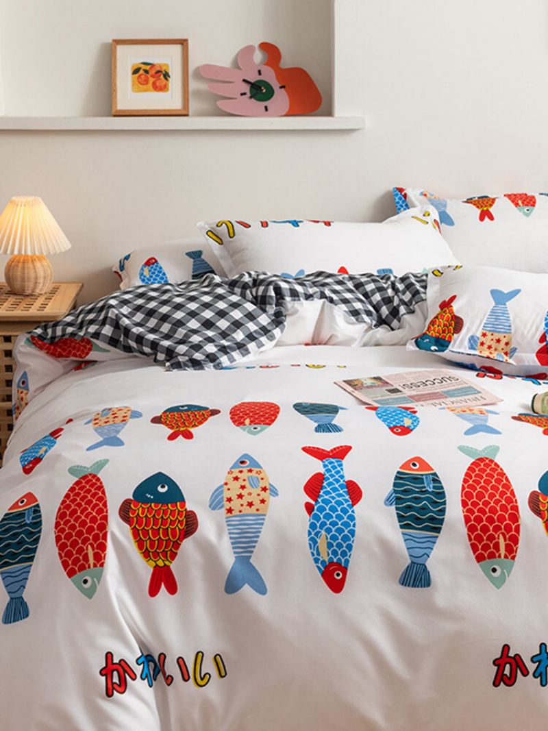 3/4 Ks Cartoon Fish And Plaid Print Ab Sidered Aloe Bavlna Pohodlné Ložní Prádlo Prostěradlo Povlak Na Polštář Na